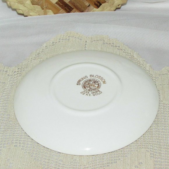 3 pc Georgian China Spring Blossom 2 Coffee Cups 1 Saucer 22 kt Gold Rim Teacups - Picture 9 of 10